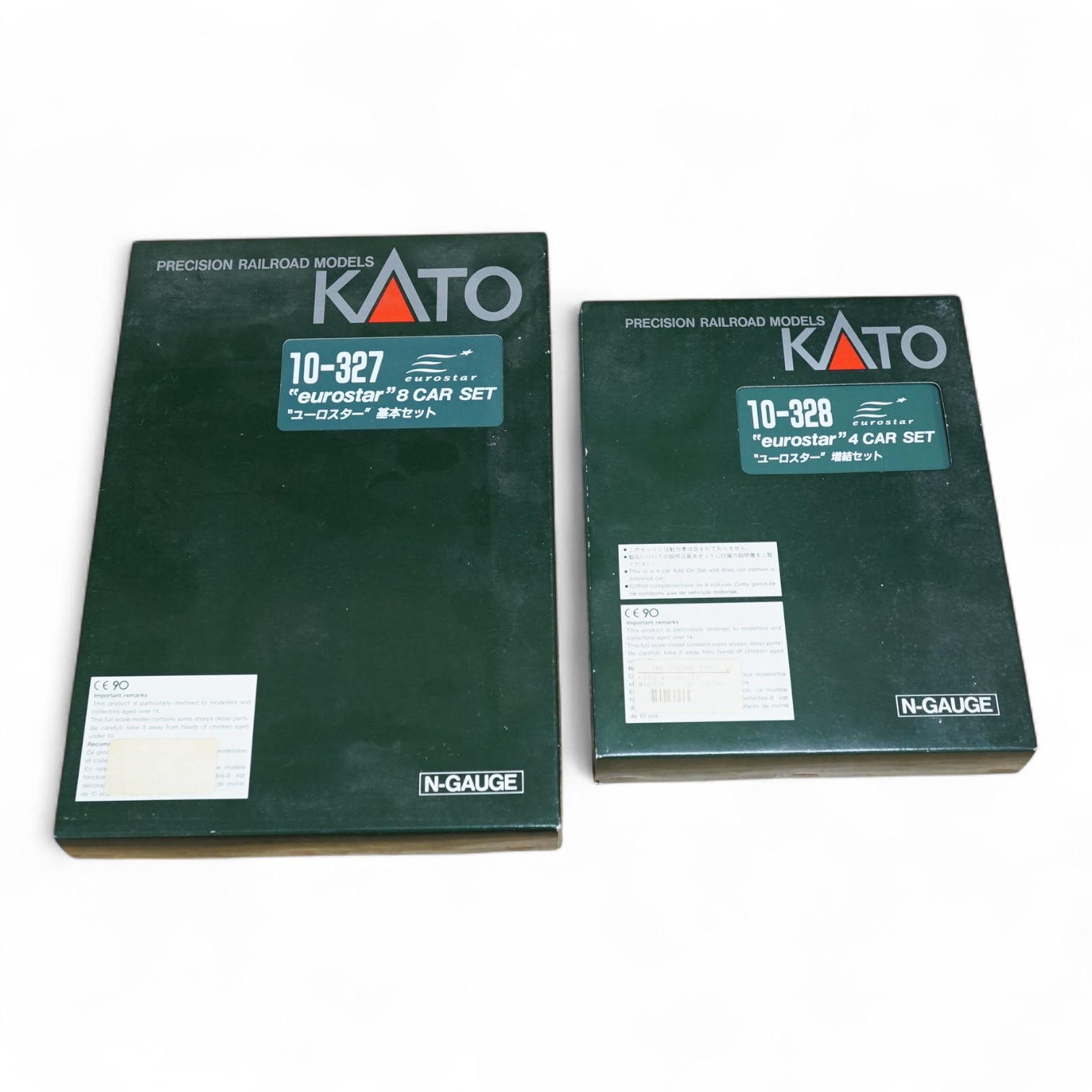 Two boxed Kato Precision Railroad Models N gauge Eurostar train sets - 10-327; 8-car set and 10-328; 4-car set. Condition - good.
